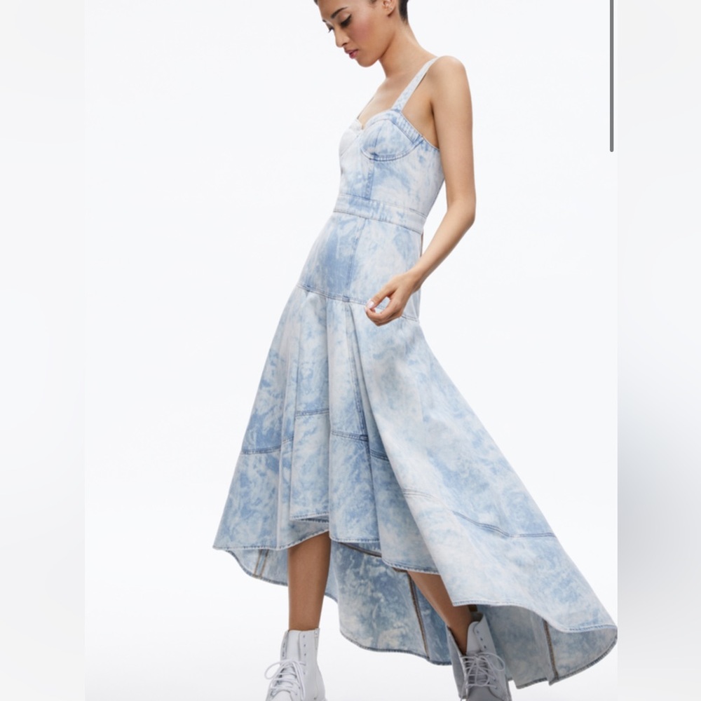 HEMMED Alice and Olivia Donella denim bustier high low dress